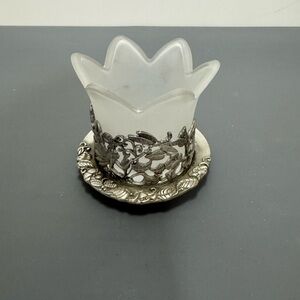 Elegant Frosted Glass Candle Holder with Silver Accents